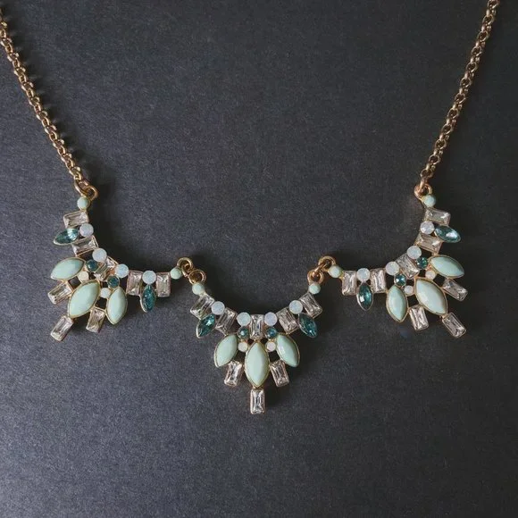 Art Deco Blue Rhinestone Gold Statement Necklace - Picture 1 of 9